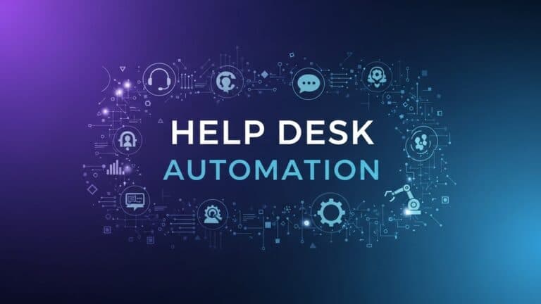 A realistic illustration of a modern IT help desk environment where human support agents work alongside automation tools. Show a clean office setting with support staff at computers, a chatbot interface on a screen, automated ticket flows, and simple visual icons representing automation assisting human agents. Professional, neutral colors, high-quality realistic illustration, business technology style.