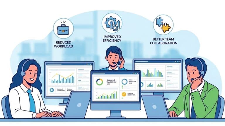 A business-focused illustration showing reduced workload, improved efficiency, and better team collaboration through a customer service desk. Support agents working calmly with organized dashboards and performance indicators. Clean, modern, professional illustration with positive tone.