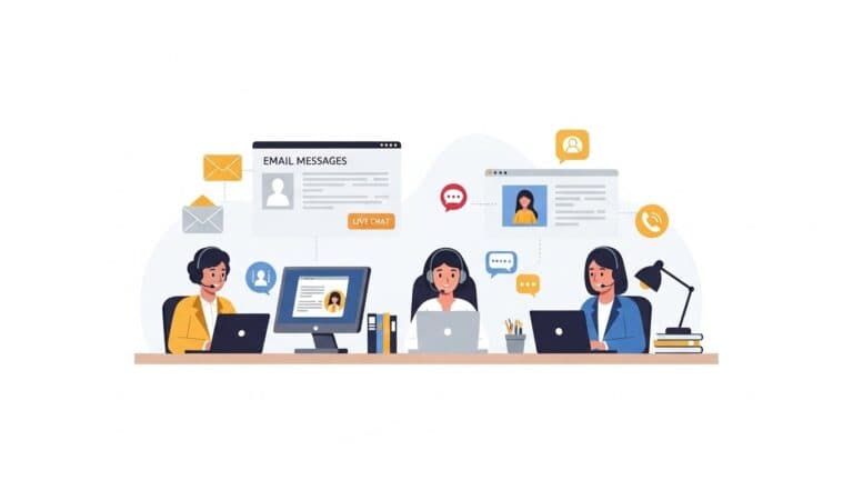 A modern, professional illustration of a customer service desk at the center of a business operation. A clean, well-lit workspace with support agents using laptops and headsets, digital screens showing customer messages, tickets, and chat icons. Visual elements representing email, live chat, phone support, and customer satisfaction icons. Friendly, approachable atmosphere, neutral corporate colors, minimalist business illustration style. Designed as a blog cover image for an article about customer service desks.