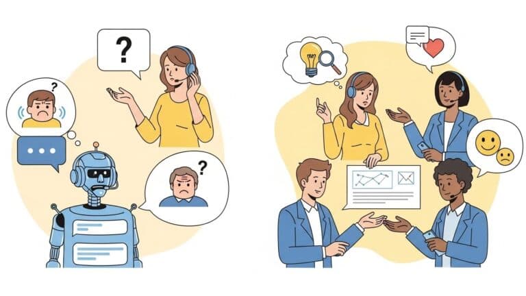 A realistic illustration showing a balanced comparison: one side displaying benefits of help desk automation like speed and efficiency, and the other side showing limitations like human judgment and empathy. Neutral business tone, professional office setting, realistic illustration.