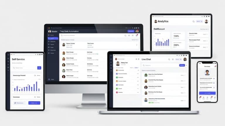 A realistic illustration showing common help desk automation tools displayed on computer screens: ticketing software, live chat, self-service portal, analytics dashboard, and chatbot interface. Modern SaaS-style UI elements, clean professional design, realistic technology illustration.