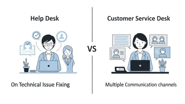 A side-by-side comparison illustration. On one side, a help desk focused on technical issue fixing; on the other side, a customer service desk focused on customer relationships and multiple communication channels. Clear visual contrast without text labels. Minimalist business illustration style.