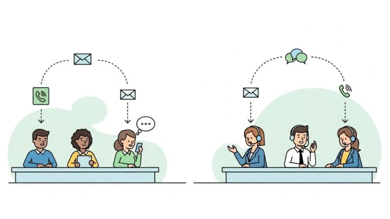 A simple, clean illustration showing a central customer service desk connecting customers and a business. Customers on one side, support agents on the other, with lines or icons representing communication. Calm professional setting, friendly tone, modern flat illustration style. Focus on clarity and concept rather than technical details.