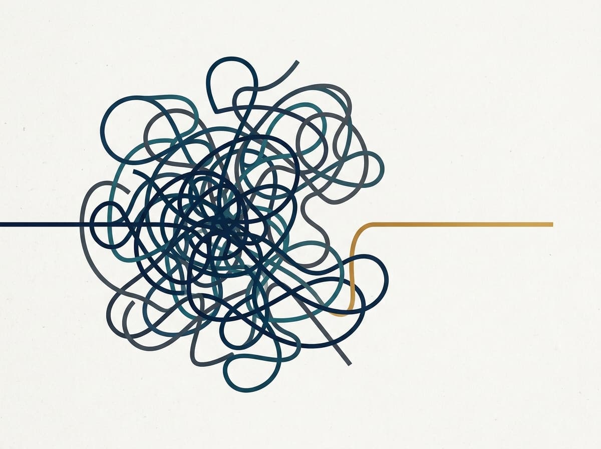 Abstract illustration of a tangled, knotted line straightening into a single clear path