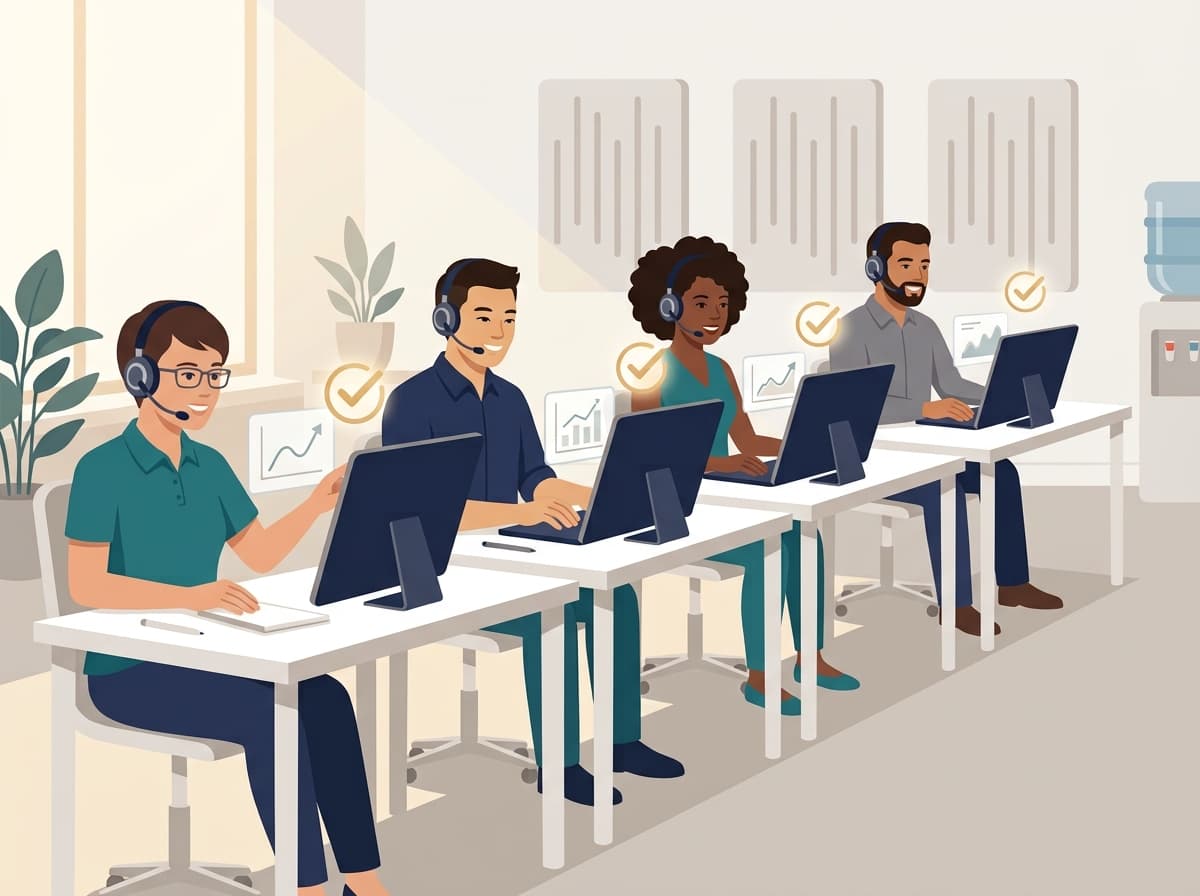 A row of customer service agents at their workstations, each marked with a green checkmark and a rising performance chart