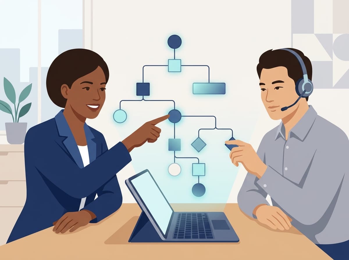 Two colleagues reviewing a branching decision-tree workflow together on a tablet