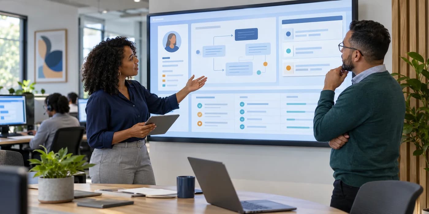 Trainers design an AI role-play scenario with a customer persona, conversation branches and scoring criteria