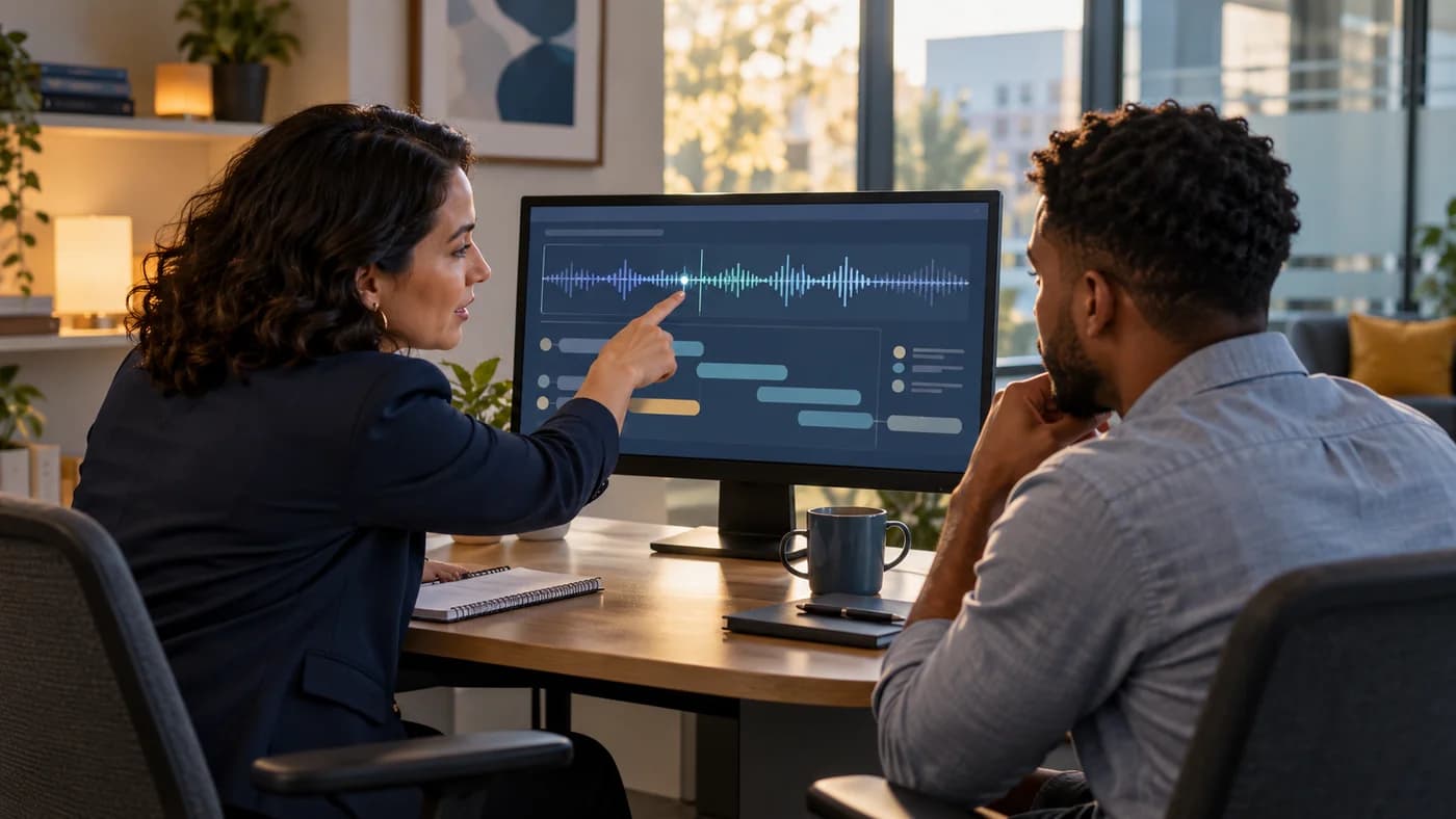 Coach and customer service agent review a recorded role-play conversation and feedback