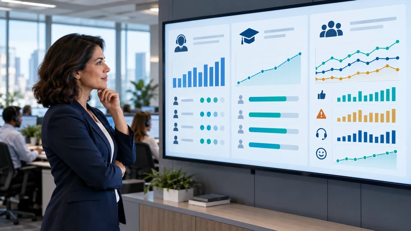 Contact center manager reviews agent practice, readiness and live customer service performance dashboards