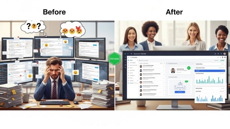 A realistic illustration of a streamlined help desk dashboard showing faster response times, satisfied users, organized tickets, and performance metrics improving. Include visual cues like checkmarks, charts trending upward, and calm support agents. Clean, modern business technology illustration.