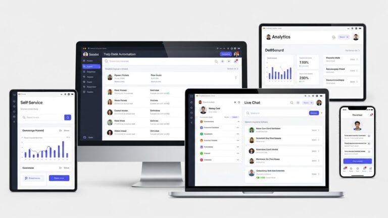 A realistic illustration showing common help desk automation tools displayed on computer screens: ticketing software, live chat, self-service portal, analytics dashboard, and chatbot interface. Modern SaaS-style UI elements, clean professional design, realistic technology illustration.