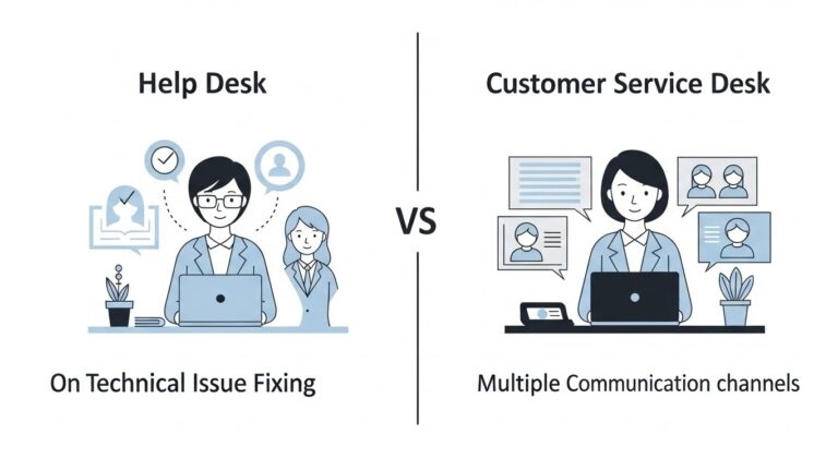 A side-by-side comparison illustration. On one side, a help desk focused on technical issue fixing; on the other side, a customer service desk focused on customer relationships and multiple communication channels. Clear visual contrast without text labels. Minimalist business illustration style.