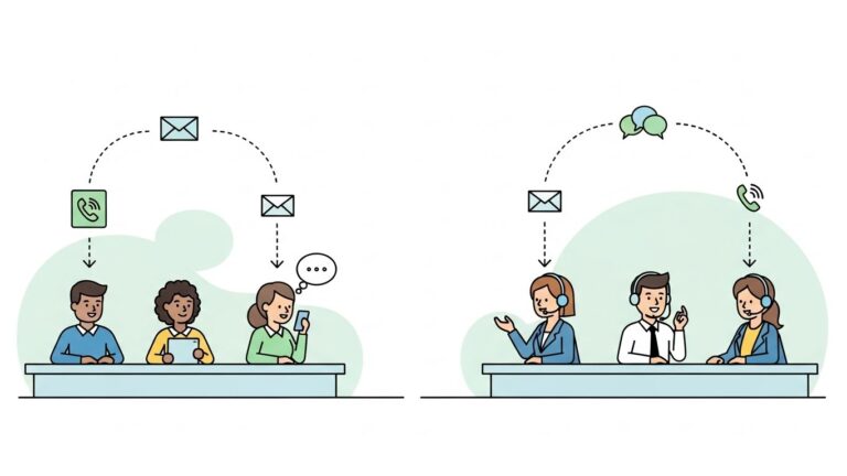 A simple, clean illustration showing a central customer service desk connecting customers and a business. Customers on one side, support agents on the other, with lines or icons representing communication. Calm professional setting, friendly tone, modern flat illustration style. Focus on clarity and concept rather than technical details.