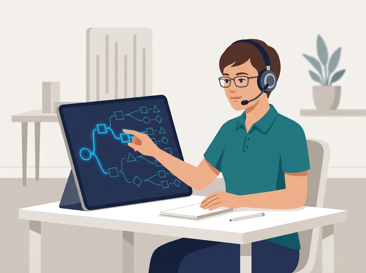 A customer service agent following a branching decision-tree workflow on a tablet
