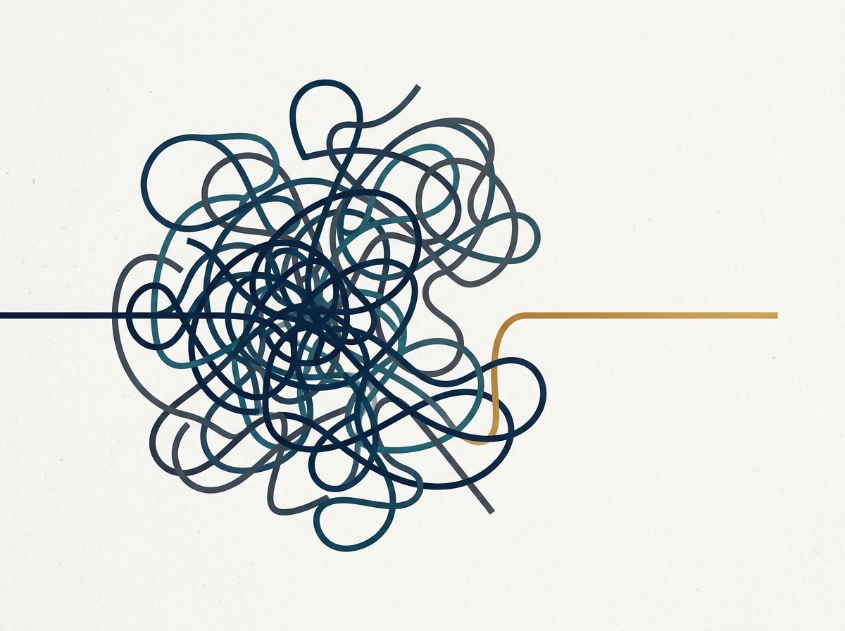 Abstract illustration of a tangled, knotted line straightening into a single clear path