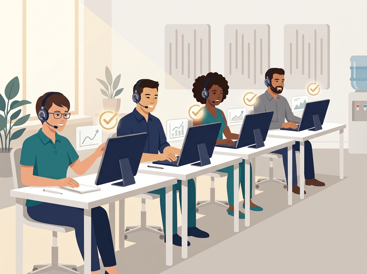 A row of customer service agents at their workstations, each marked with a green checkmark and a rising performance chart