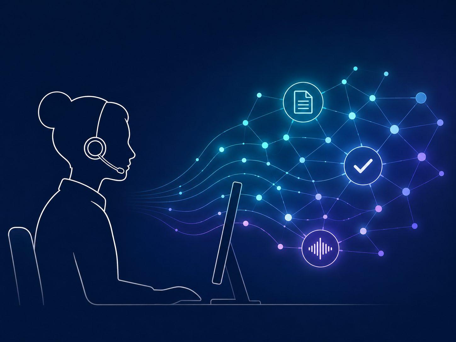 Illustration of a support agent at a computer with an AI network of icons for documents, verification, and voice signals flowing from the screen