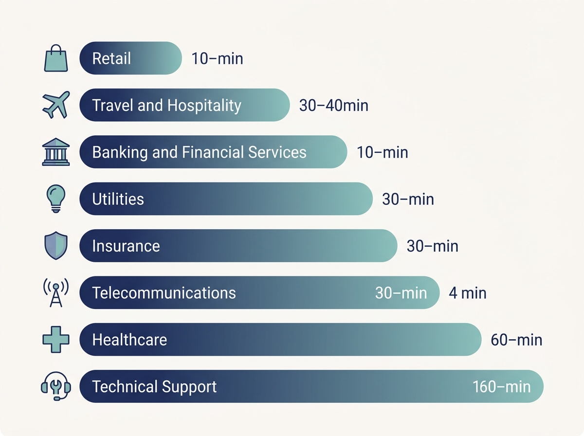 Bar chart comparing average handling time benchmarks across industries, from 10 minutes in retail and banking to 160 minutes in technical support