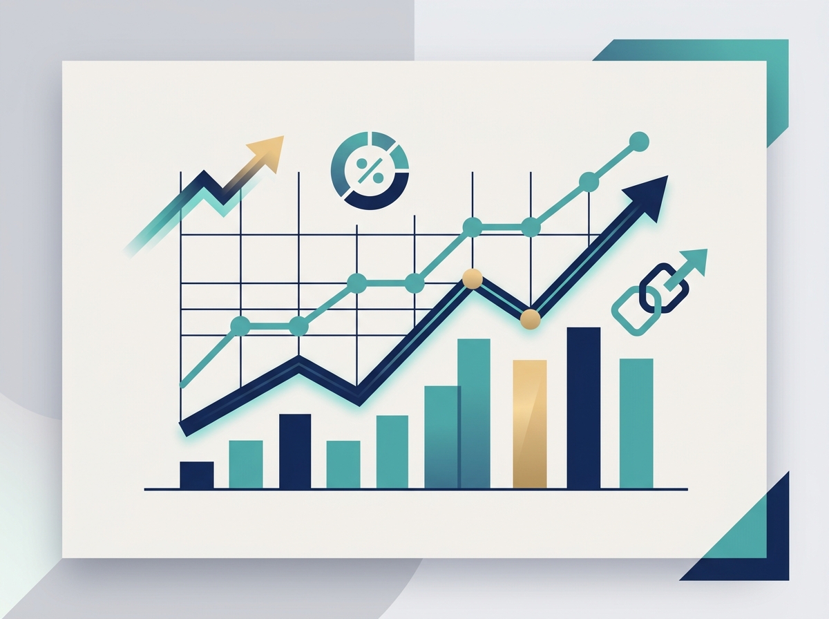 Illustration of an upward trending retention chart with bar graphs, a percentage indicator, and a chain-link icon representing connected customer data