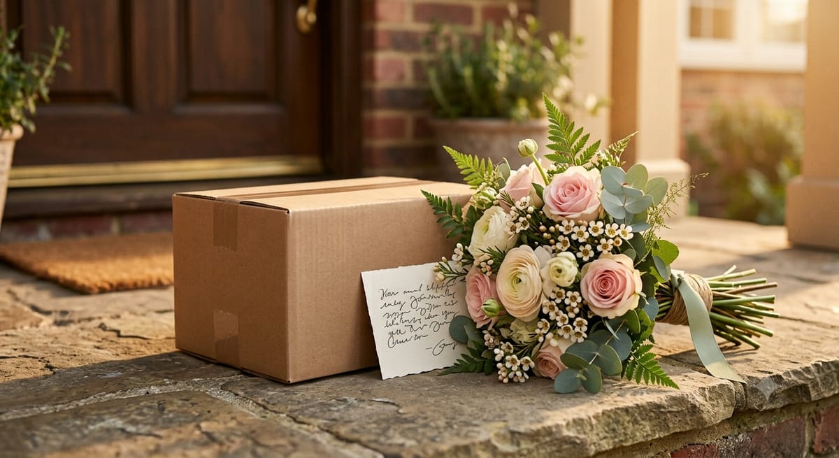 A cardboard delivery box next to a bouquet of flowers and a handwritten thank-you note on a doorstep