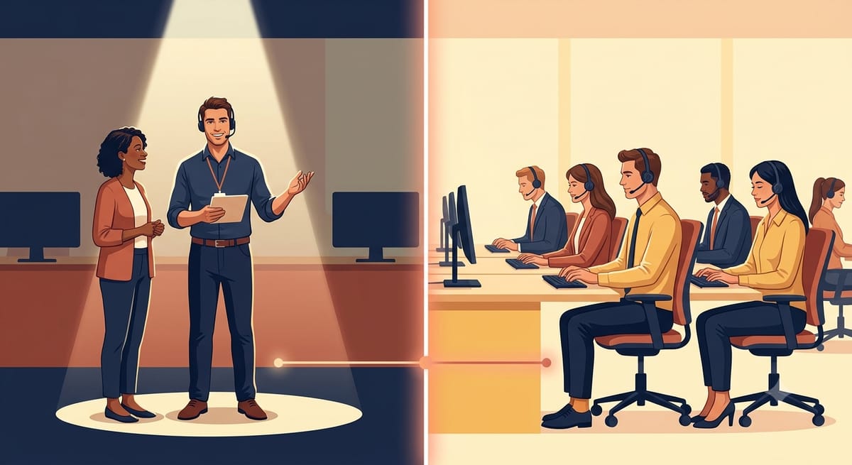 Split illustration: a single spotlighted agent on the left, a full row of agents at workstations on the right