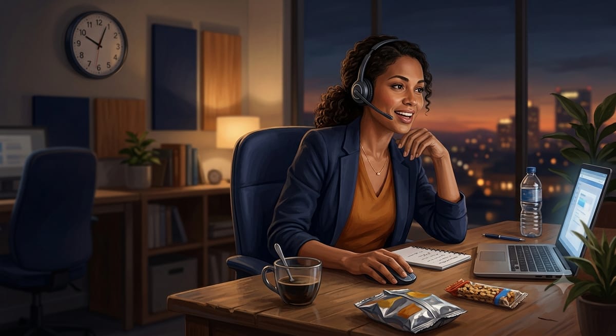 A customer service agent smiling on a headset call at a desk late at night, with coffee and snacks nearby