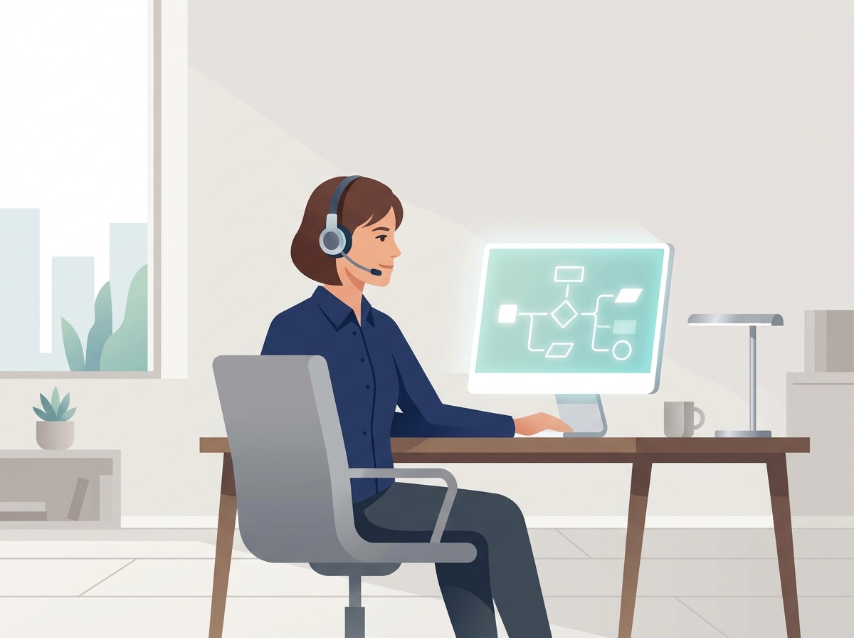 Illustration of a customer service agent viewing a workflow diagram on a computer screen at a desk