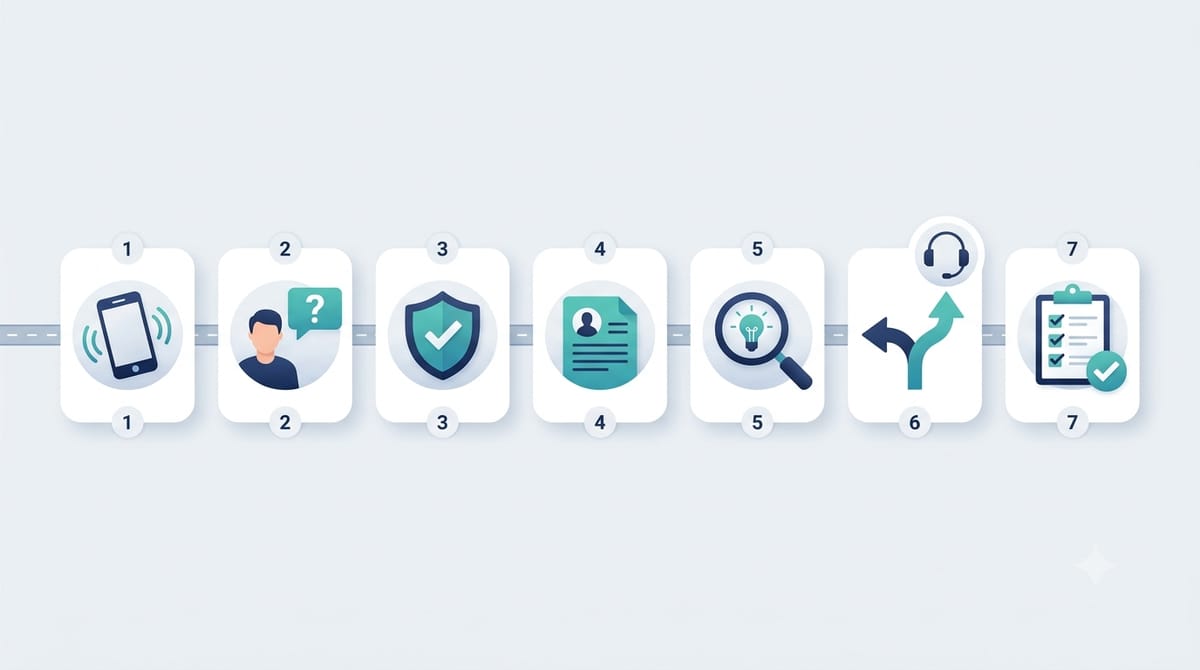Seven numbered icons representing the inbound call handling process: incoming call, identify intent, verify identity, review context, diagnose and troubleshoot, escalate, and document and wrap up