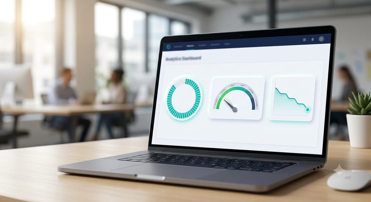 A laptop displaying an analytics dashboard with a completion ring, a speed gauge, and a downward AHT trend line