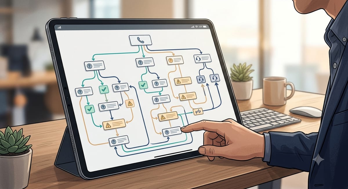 A customer service agent following a branching decision-tree workflow on a tablet, with color-coded questions, checks, warnings, and escalation paths
