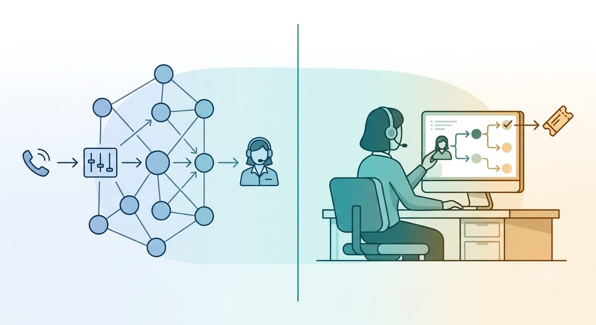 A phone call routed through an IVR and ACD network to an agent on the left, versus an agent guided through a branching resolution workflow on screen to a resolved ticket on the right
