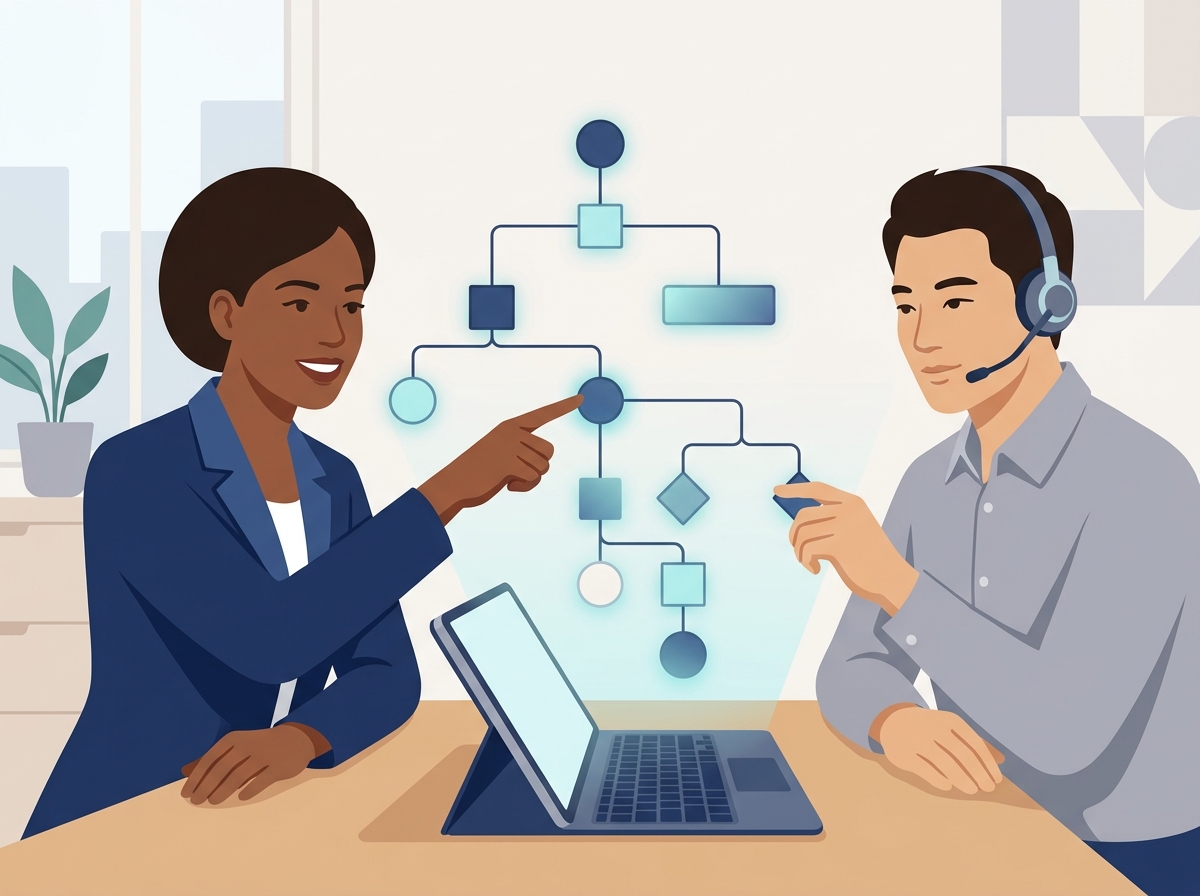 Two colleagues reviewing a branching decision-tree workflow together on a tablet