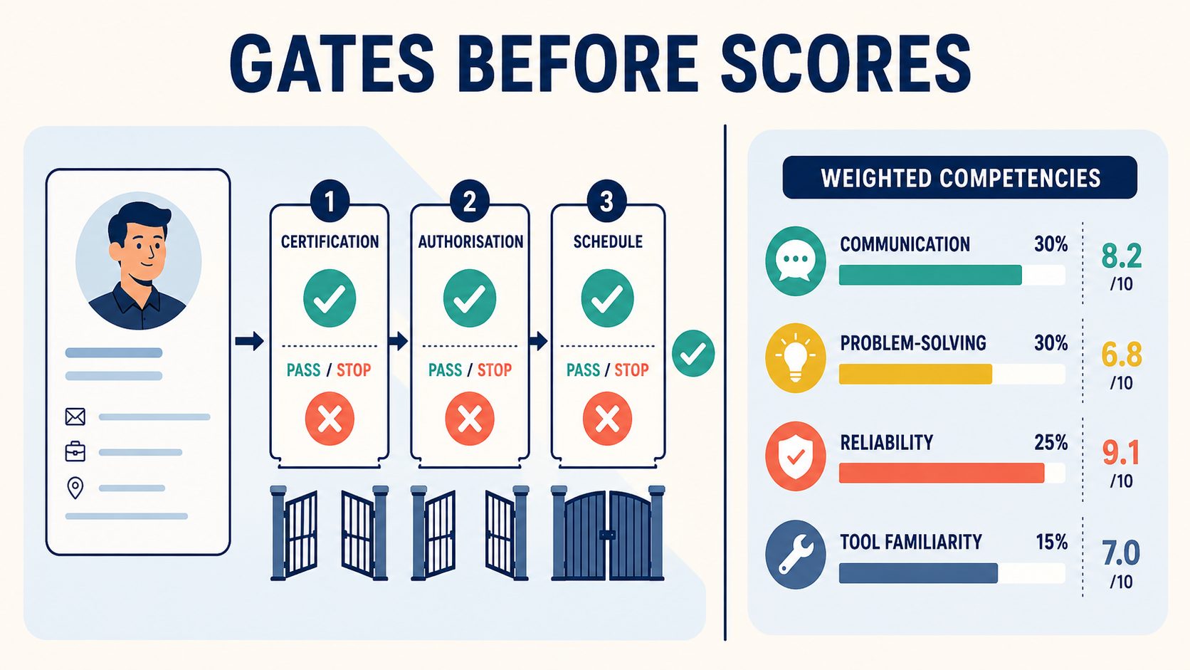 Three pass or stop gates for certification, authorization, and schedule, next to a list of weighted competency scores